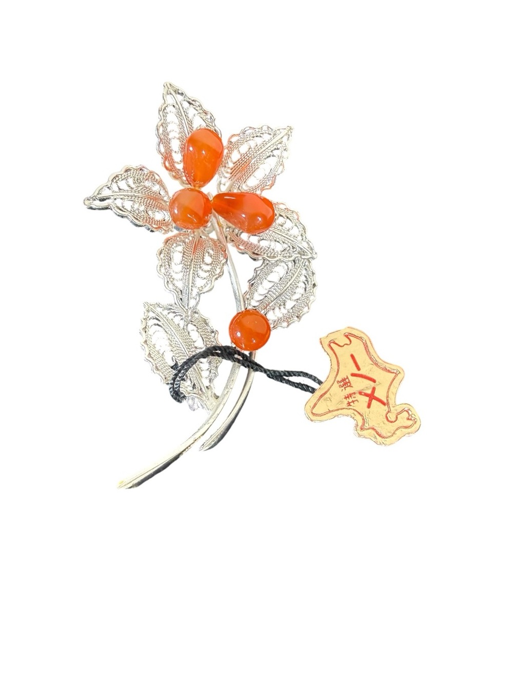 Filigree Flower Brooch with Orange Cabochons